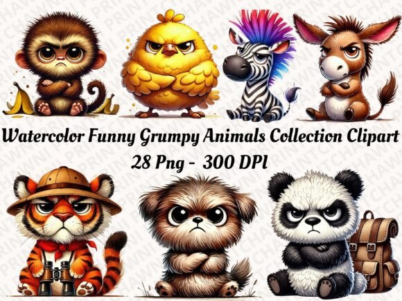Download Watercolor Funny Grumpy Animals Clipart - Watercolor Collection