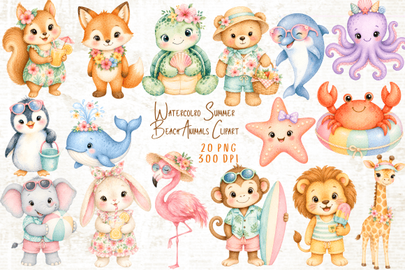 Download Watercolor Summer Beach Animals Clipart - Watercolor Collection