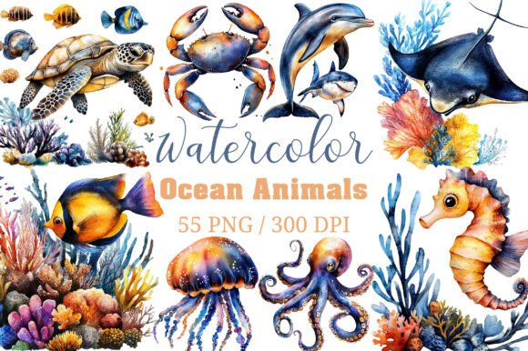 Download Watercolor Ocean Animals Clipart PNG - Watercolor Collection