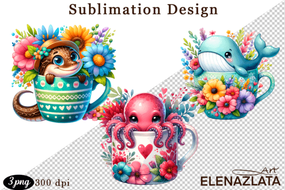 Download Cute Sea Animals in a Cup for Clipart - Animal Collection