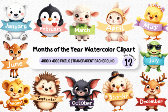 Download Months Clipart Animal Watercolor Clipart - Watercolor Collection
