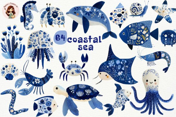 Download Coastal Sea Animals Blue Watercolor PNG - Watercolor Collection