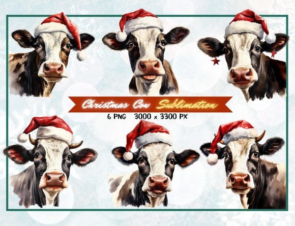 Download 6 Watercolor Christmas Cows Sublimation - Watercolor Collection