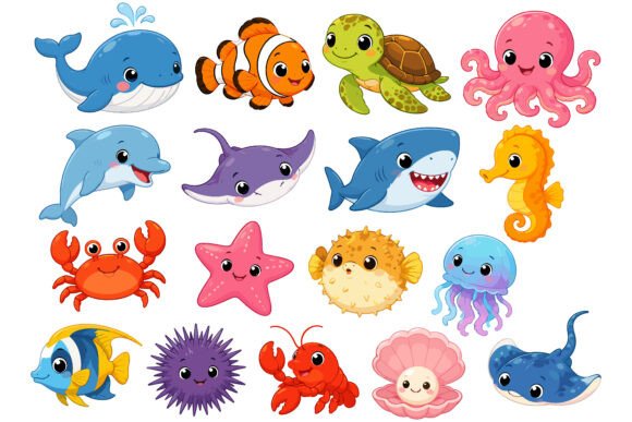 Download Cute Kawaii Sea Animals Clipart Set - Animal Collection