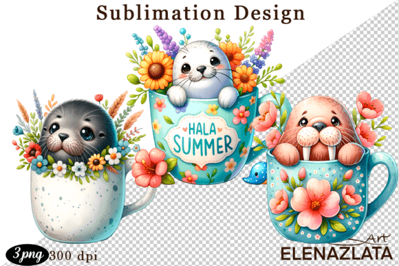 Download Cute Sea Animals in a Cup for Clipart - Animal Collection