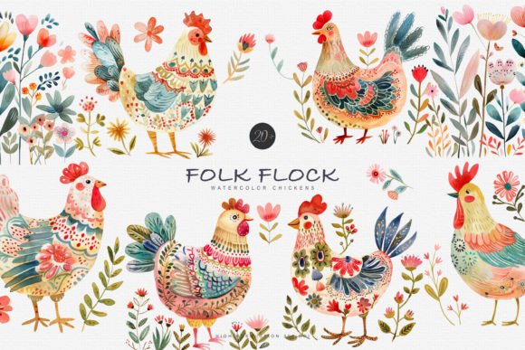 Download Watercolor Folk Chicken Clipart Set - Watercolor Collection