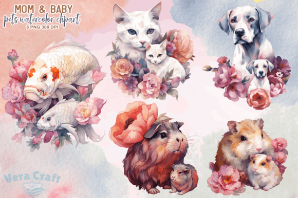 Download Mom &amp; Baby Pets Watercolor Clipart - Watercolor Collection