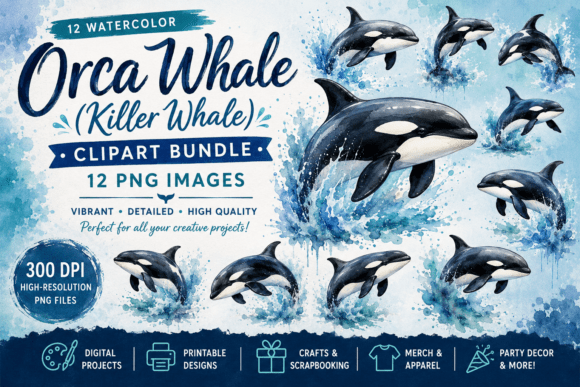 Download Vintage Orca Watercolor Clipart Bundle - Watercolor Collection