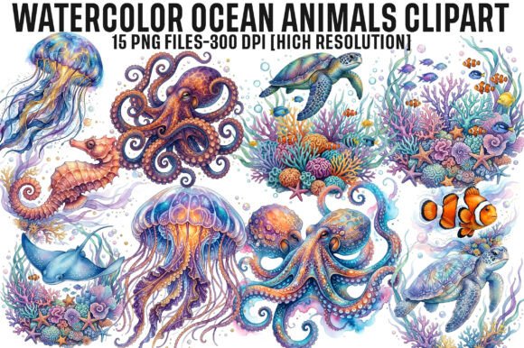 Download Watercolor Ocean Animals Clipart PNG - Watercolor Collection
