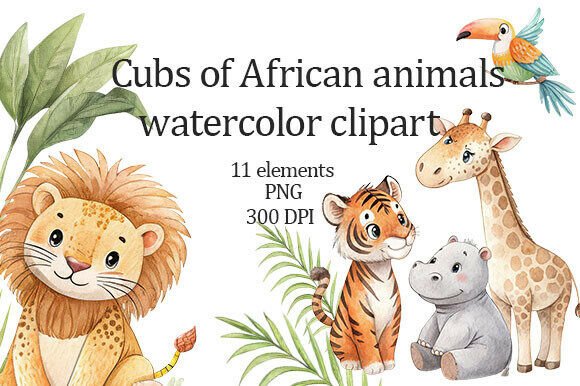 Download Watercolor Clipart Cubs of Africa - Watercolor Collection