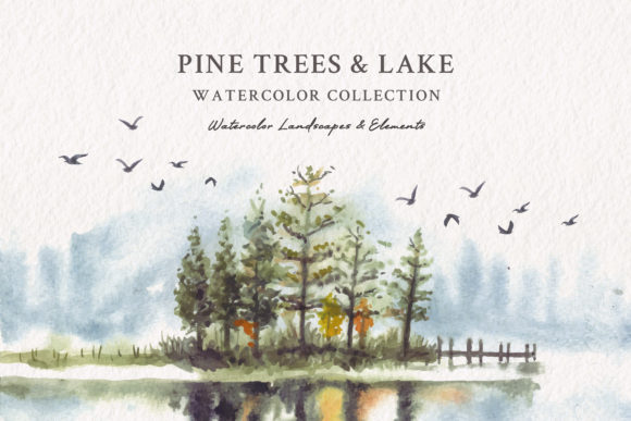 Download Watercolor Pine Trees &amp; Lake - Watercolor Collection