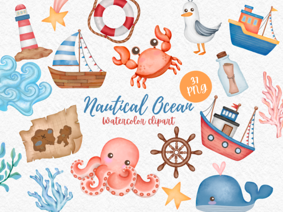 Download Nautical Ocean Elements Watercolor - Nautical Collection
